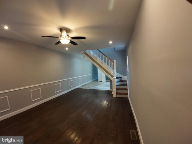 1632 Moreland Ave, Baltimore, MD 21216 - bonus room featuring a ceiling fan, stairs, dark wood-style floors, recessed lighting, and baseboards