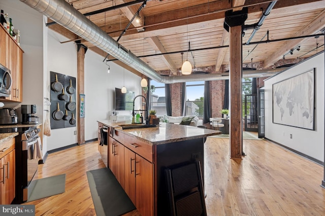 kitchen with stainless steel appliances, rail lighting, light wood-style flooring, a center island, and wood ceiling