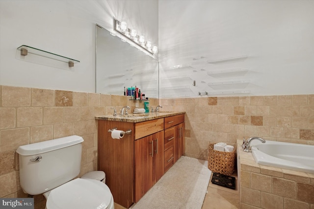 bathroom featuring tile walls, toilet, vanity, tile patterned floors, and tiled bath
