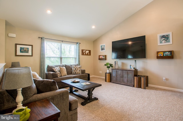 living area featuring carpet floors, recessed lighting, baseboards, and high vaulted ceiling