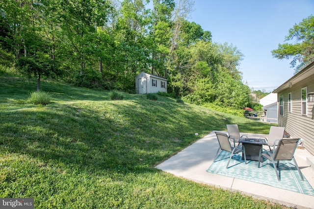 view of yard featuring an outdoor structure, a patio, a fire pit, and a shed