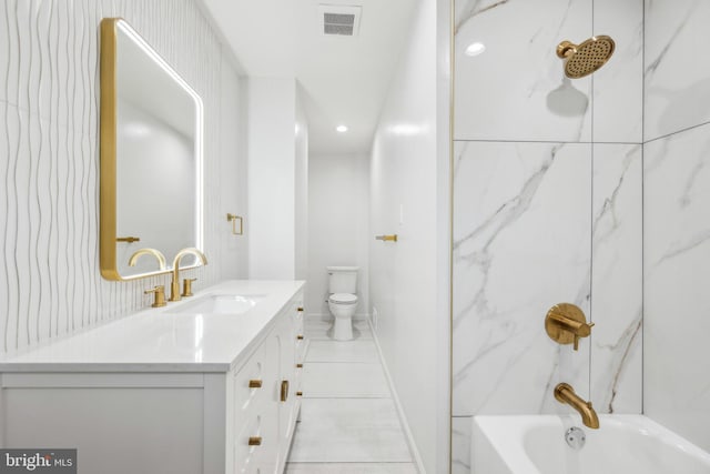 bathroom with tile patterned flooring, vanity, toilet, recessed lighting, and visible vents