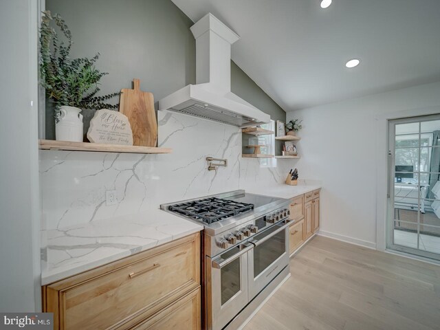 1782 Shaftsbury Ave, Crofton, MD 21114 - kitchen with double oven range, open shelves, ventilation hood, decorative backsplash, and light wood-style flooring