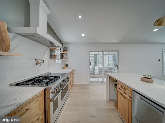 1782 Shaftsbury Ave, Crofton, MD 21114 - kitchen with appliances with stainless steel finishes, recessed lighting, decorative backsplash, wall chimney exhaust hood, and light wood finished floors