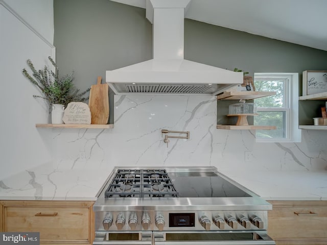 1782 Shaftsbury Ave, Crofton, MD 21114 - kitchen featuring open shelves, island range hood, high end stainless steel range, decorative backsplash, and light stone counters