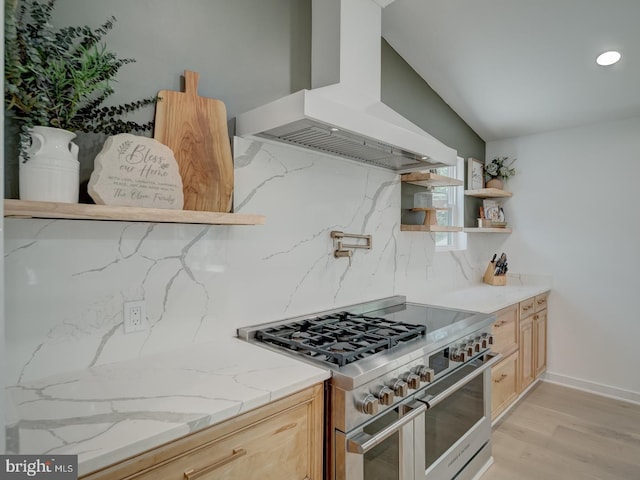 1782 Shaftsbury Ave, Crofton, MD 21114 - kitchen with premium range hood, range with two ovens, open shelves, tasteful backsplash, and light stone countertops