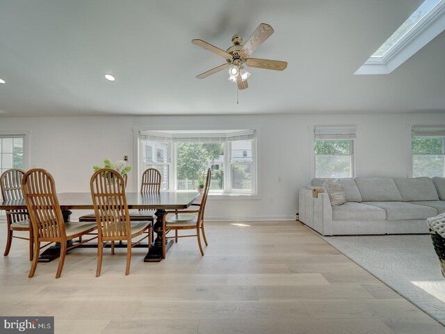 1782 Shaftsbury Ave, Crofton, MD 21114 - dining room featuring recessed lighting, a ceiling fan, light wood finished floors, baseboards, and a skylight