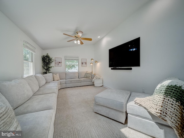 1782 Shaftsbury Ave, Crofton, MD 21114 - carpeted living room featuring a ceiling fan, healthy amount of natural light, and lofted ceiling
