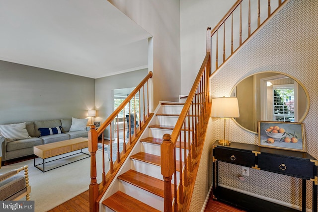 21591 Awbrey Pl, Broadlands, VA 20148 - stairs featuring wood finished floors and crown molding