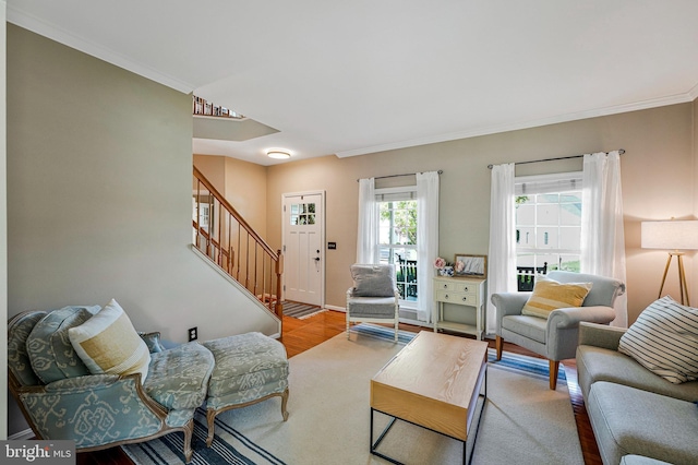 21591 Awbrey Pl, Broadlands, VA 20148 - living room with stairs, wood finished floors, ornamental molding, and baseboards