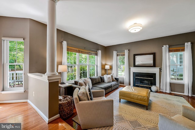 21591 Awbrey Pl, Broadlands, VA 20148 - living room with decorative columns, plenty of natural light, wood finished floors, and baseboards