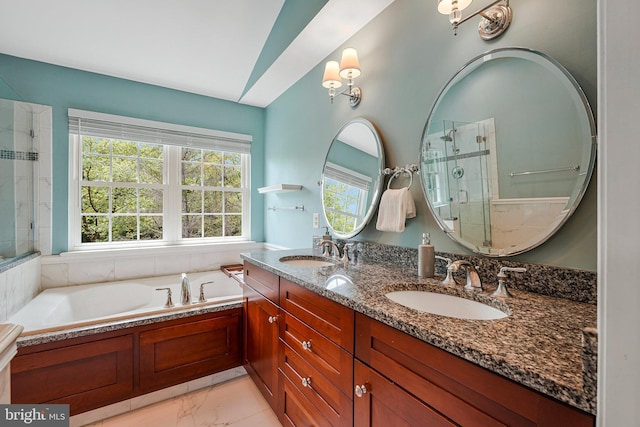 21591 Awbrey Pl, Broadlands, VA 20148 - bathroom featuring marble finish flooring, a stall shower, a garden tub, and double vanity