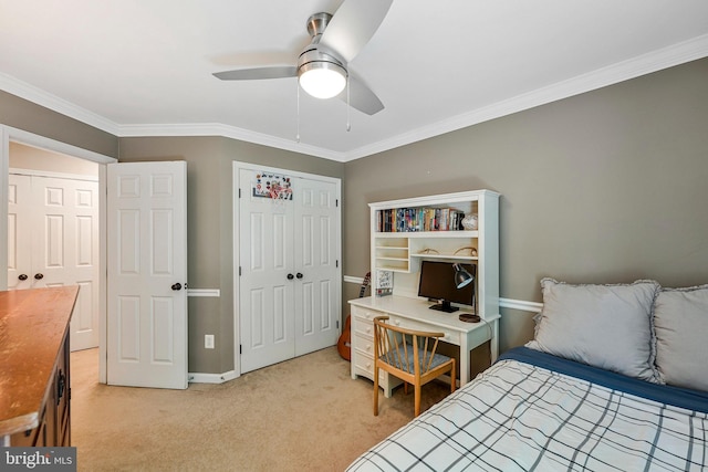 21591 Awbrey Pl, Broadlands, VA 20148 - bedroom with crown molding, light colored carpet, baseboards, a closet, and a ceiling fan