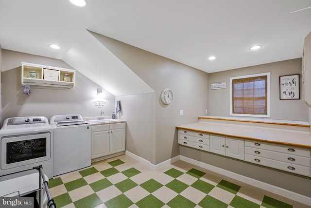21591 Awbrey Pl, Broadlands, VA 20148 - laundry room with washing machine and dryer, a sink, light floors, baseboards, and recessed lighting