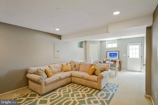 21591 Awbrey Pl, Broadlands, VA 20148 - living room with light carpet, baseboards, and recessed lighting