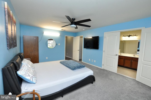 208 Starboard Way, Mount Laurel, NJ 08054 - bedroom featuring light colored carpet, baseboards, ensuite bath, ceiling fan, and a sink