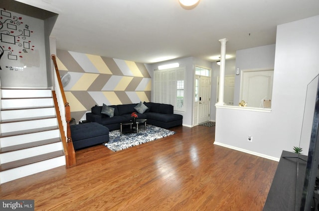 208 Starboard Way, Mount Laurel, NJ 08054 - living area with ornate columns, stairs, wood finished floors, and baseboards