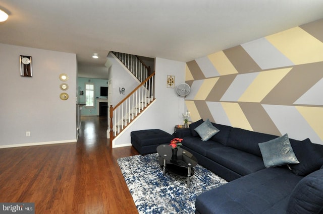 208 Starboard Way, Mount Laurel, NJ 08054 - living area with wood finished floors, stairway, baseboards, and an accent wall