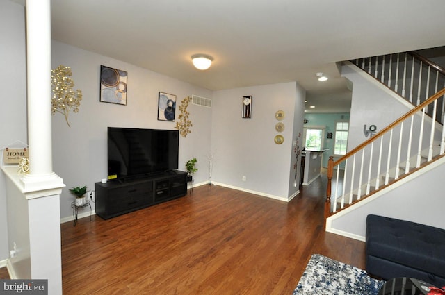 208 Starboard Way, Mount Laurel, NJ 08054 - living area with stairway, wood finished floors, baseboards, decorative columns, and recessed lighting