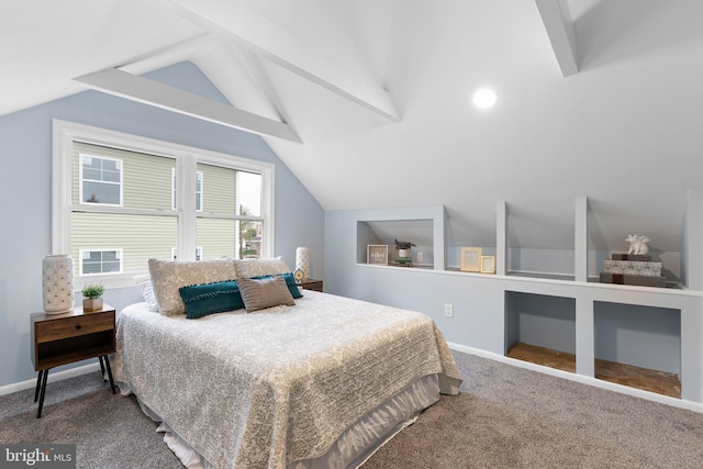 bedroom with lofted ceiling, baseboards, and carpet floors