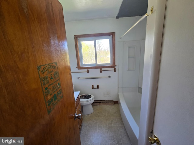 full bathroom featuring tile patterned flooring, shower / bath combination, toilet, and vanity