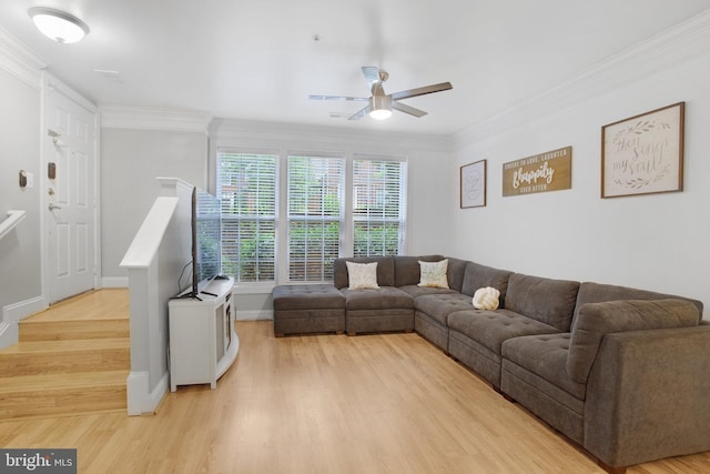 2350 Merseyside Dr, Woodbridge, VA 22191 - living room with a ceiling fan, light wood finished floors, ornamental molding, and baseboards