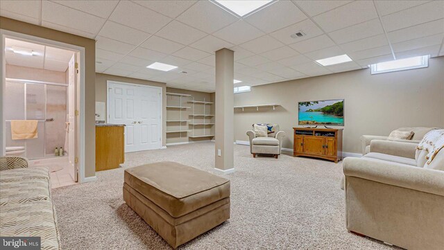 living room with carpet floors, baseboards, and a drop ceiling
