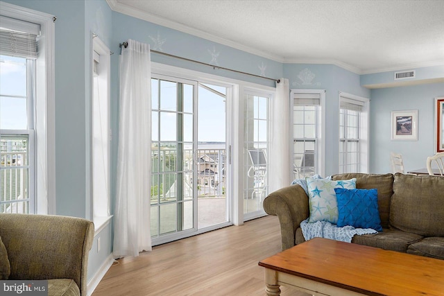 18 79th St Unit 403, Ocean City, MD 21842 - living area featuring light wood-style flooring, ornamental molding, and a textured ceiling