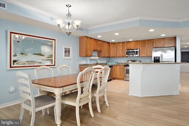18 79th St Unit 403, Ocean City, MD 21842 - dining area featuring ornamental molding, a chandelier, recessed lighting, light wood-style flooring, and baseboards