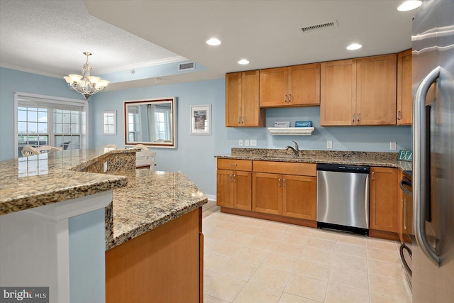 18 79th St Unit 403, Ocean City, MD 21842 - kitchen with appliances with stainless steel finishes, a chandelier, brown cabinetry, a sink, and crown molding