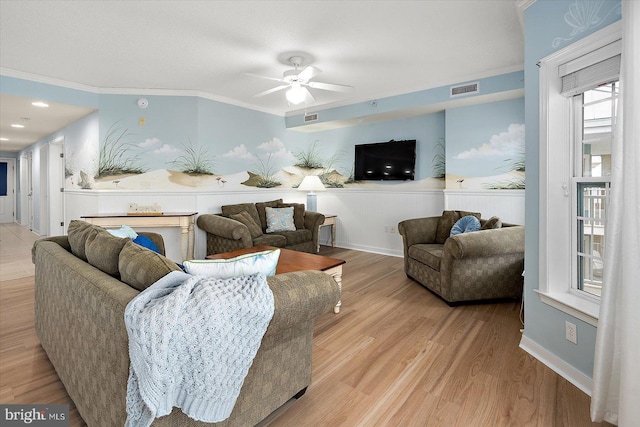 18 79th St Unit 403, Ocean City, MD 21842 - living room with ceiling fan, light wood-style floors, ornamental molding, and baseboards