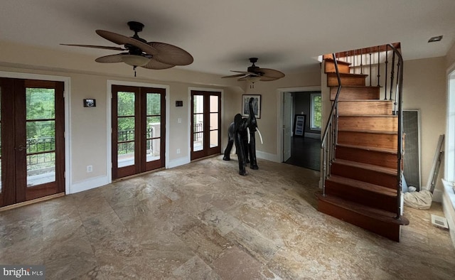 11500 Springridge Rd, Potomac, MD 20854 - entrance foyer featuring french doors, ceiling fan, stairs, and baseboards