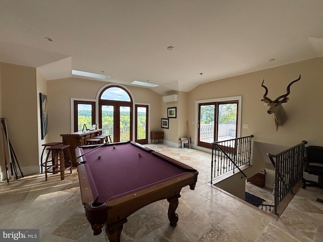 11500 Springridge Rd, Potomac, MD 20854 - playroom featuring billiards, a wall mounted AC, baseboards, and lofted ceiling