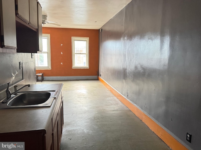 531 N 63rd St, Philadelphia, PA 19151 - kitchen with a sink, concrete flooring, baseboards, and a ceiling fan