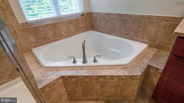 bathroom with a garden tub and vanity