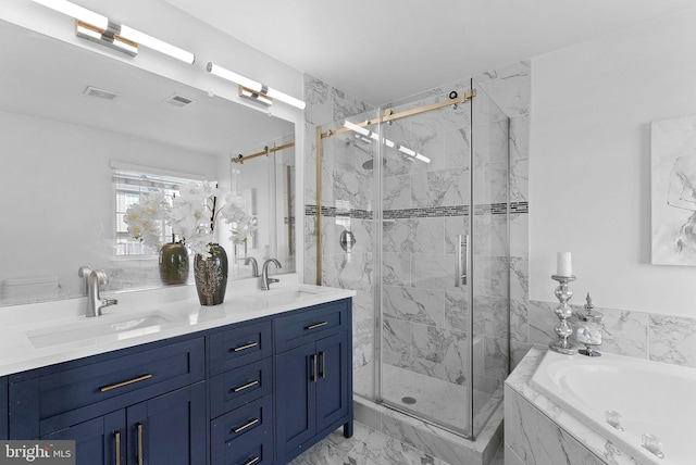 2505 Wheat Meadow Ct, Herndon, VA 20171 - full bathroom with a bath, a marble finish shower, double vanity, and marble look tile flooring