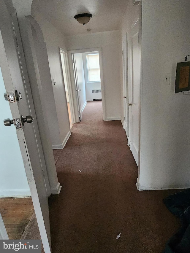 corridor with baseboards, carpet, and radiator