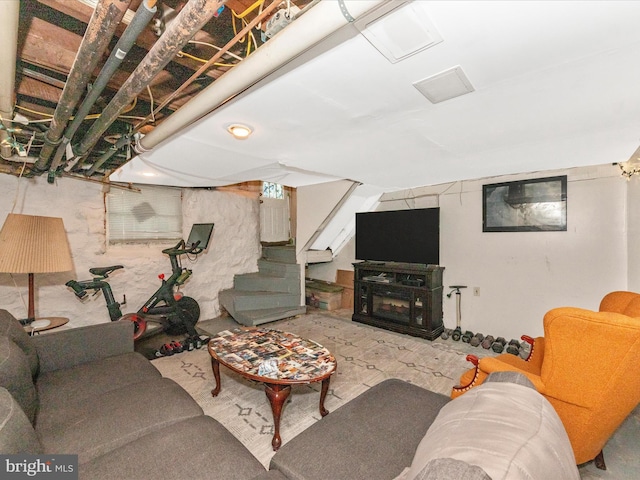living area with stairway