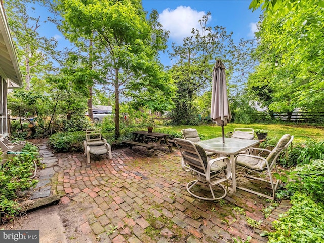 view of patio featuring fence and outdoor dining area