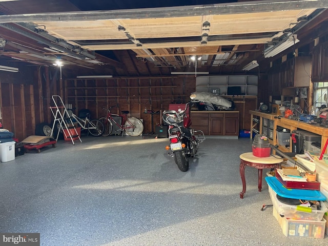 garage with a workshop area