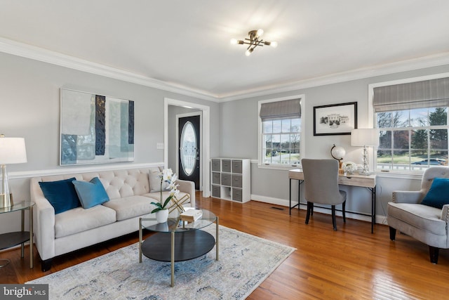 2994 Hope Mill Ln, Adamstown, MD 21710 - living area with ornamental molding, wood finished floors, and visible vents