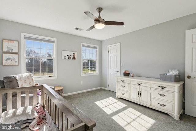 2994 Hope Mill Ln, Adamstown, MD 21710 - bedroom with visible vents, baseboards, ceiling fan, and light carpet