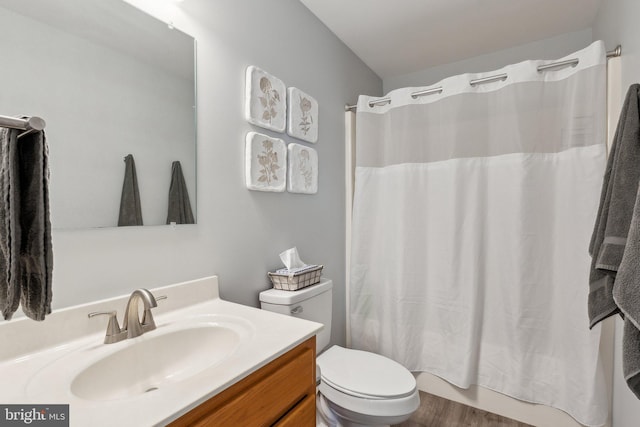 2994 Hope Mill Ln, Adamstown, MD 21710 - bathroom featuring toilet, shower / bath combo with shower curtain, wood finished floors, and vanity
