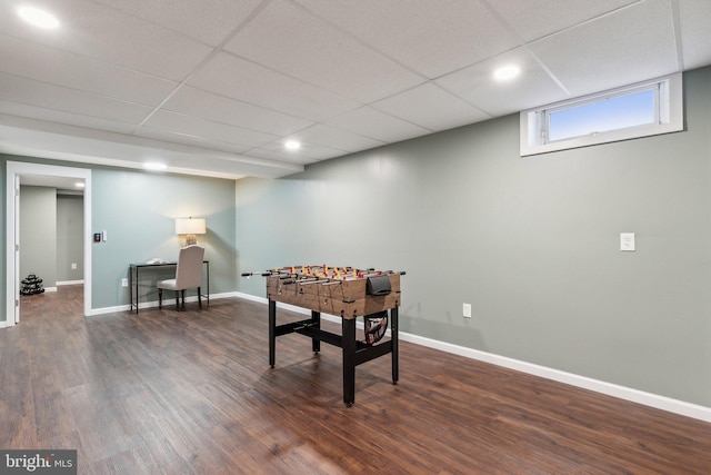 2994 Hope Mill Ln, Adamstown, MD 21710 - rec room featuring recessed lighting, baseboards, a drop ceiling, and dark wood finished floors