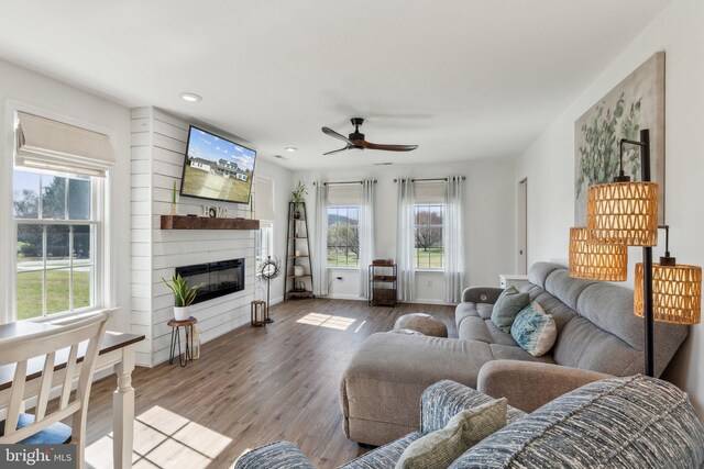 2994 Hope Mill Ln, Adamstown, MD 21710 - living room featuring ceiling fan, a large fireplace, recessed lighting, baseboards, and wood finished floors