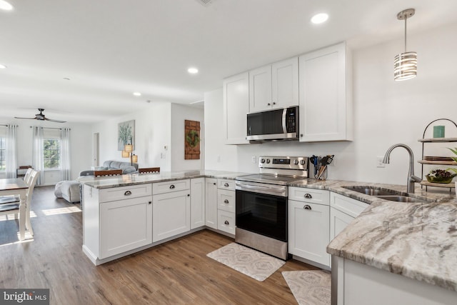 2994 Hope Mill Ln, Adamstown, MD 21710 - kitchen with appliances with stainless steel finishes, wood finished floors, a sink, a peninsula, and recessed lighting