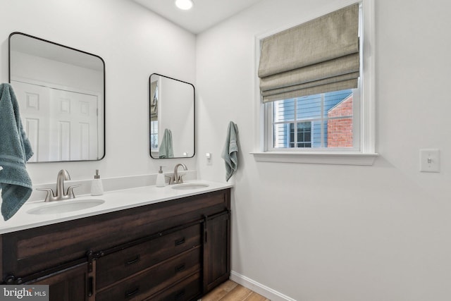 2994 Hope Mill Ln, Adamstown, MD 21710 - bathroom with double vanity, baseboards, a sink, and wood finished floors