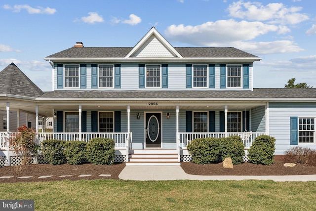 2994 Hope Mill Ln, Adamstown, MD 21710 - view of front of home with a porch, a shingled roof, a front yard, and a chimney