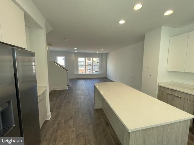 12 Mural Walk NE, Washington, DC 20011 - kitchen with stainless steel refrigerator with ice dispenser, recessed lighting, dark wood-type flooring, and modern cabinets
