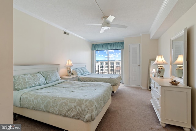 11 142nd St Unit 31003, Ocean City, MD 21842 - bedroom featuring access to exterior, ornamental molding, light carpet, ceiling fan, and baseboards